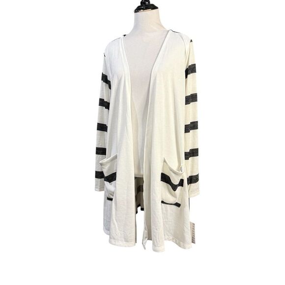 New Lularoe Caroline Open Front Cardigan Sweater White Grey Stripes - Picture 1 of 10